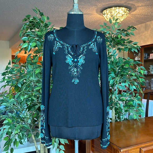 Size Large Black Boho Western Sweater Turquoise Beads and Bell Sleeves - Picture 2 of 16